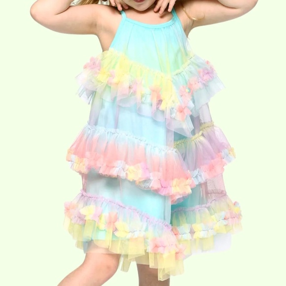 NWT - Baby Sara Little Girl Pastel Rainbow Mesh Ruffled Tiered Dress - Size 4T - Picture 1 of 6